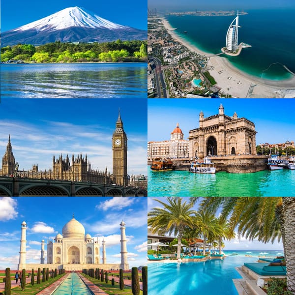 Collage of famous landmarks around the world.