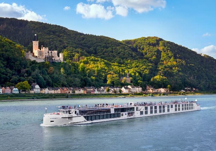 Cruise ship sailing past a castle.